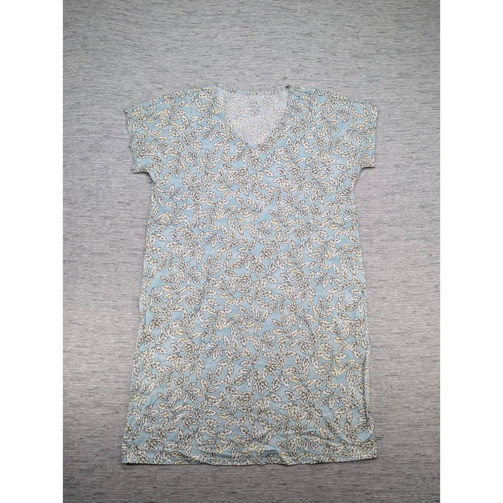 Pure Jill Soft V-Neck T-Shirt Dress Womens Medium Blue Leaf Print Organic Cotton